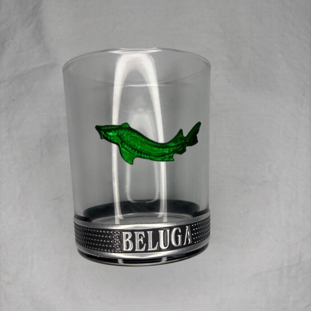 BELUGA Russian Vodka NEW Rocks Glass Tumbler Pewter Base & Whale 8oz. Green